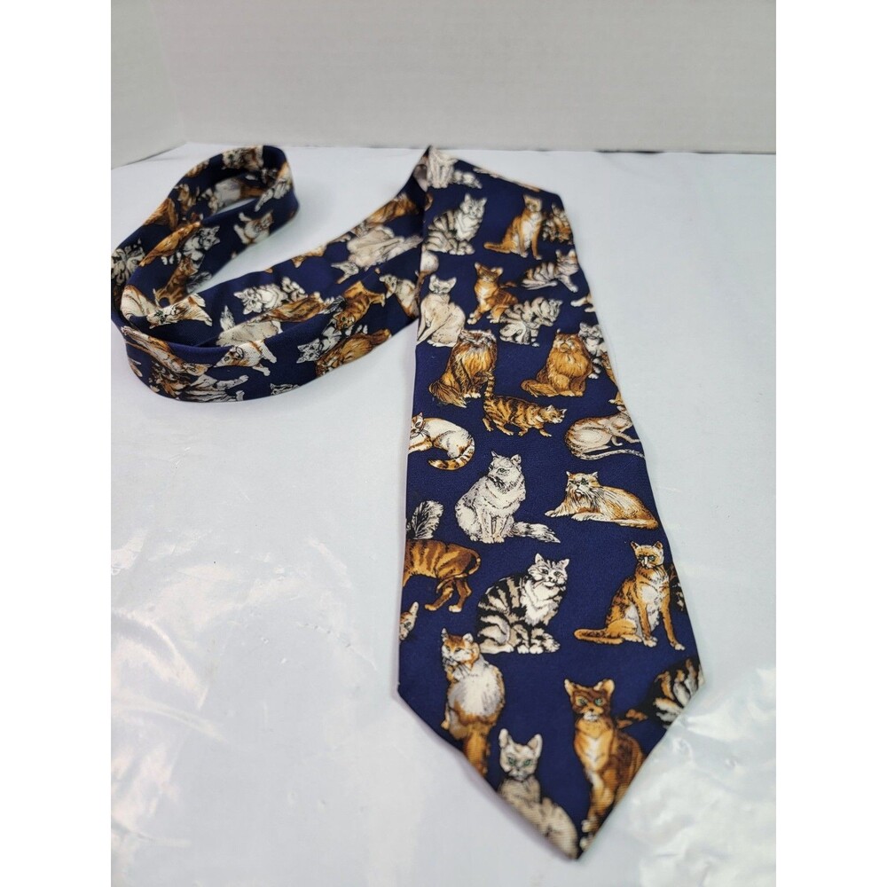 Smithsonian Institution Cat Print Neck Tie Navy Blue Novelty Mens Necktie
